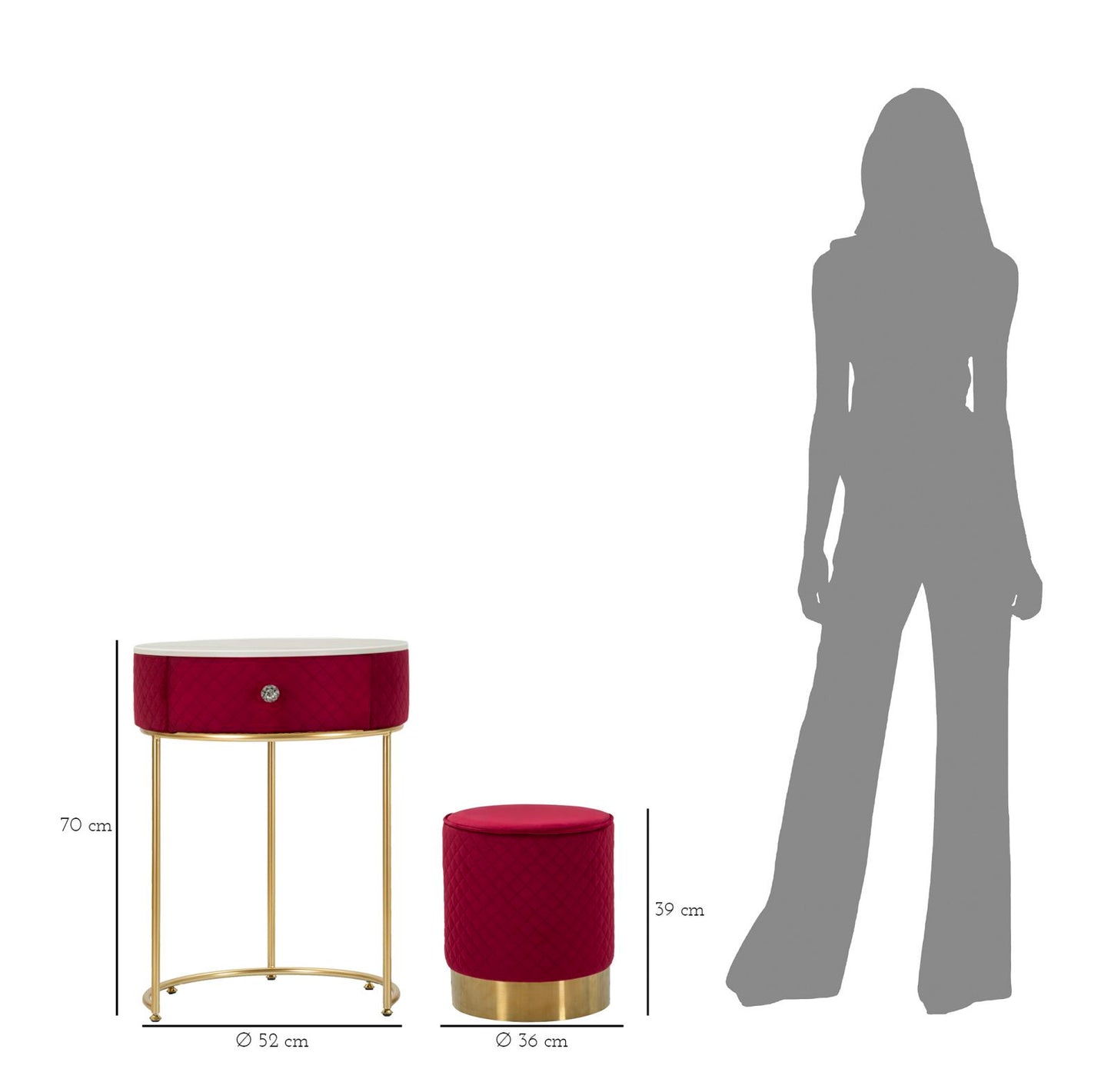 Nachtkastje met kruk Nightstand/dressing Table With Puff Red Vellit Ø 52×70 cm