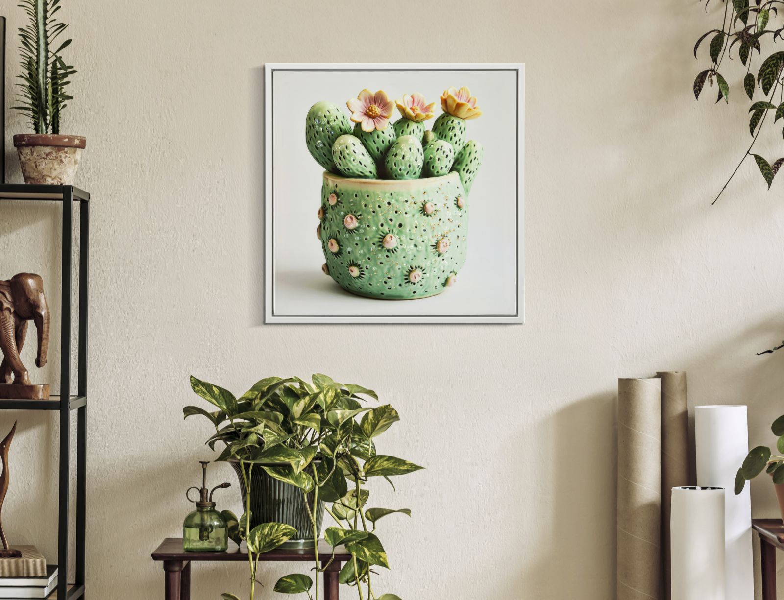 Schilderij Lacquered Canvas Print With Frame Cactus Jar -h- 40×2,8×40 cm