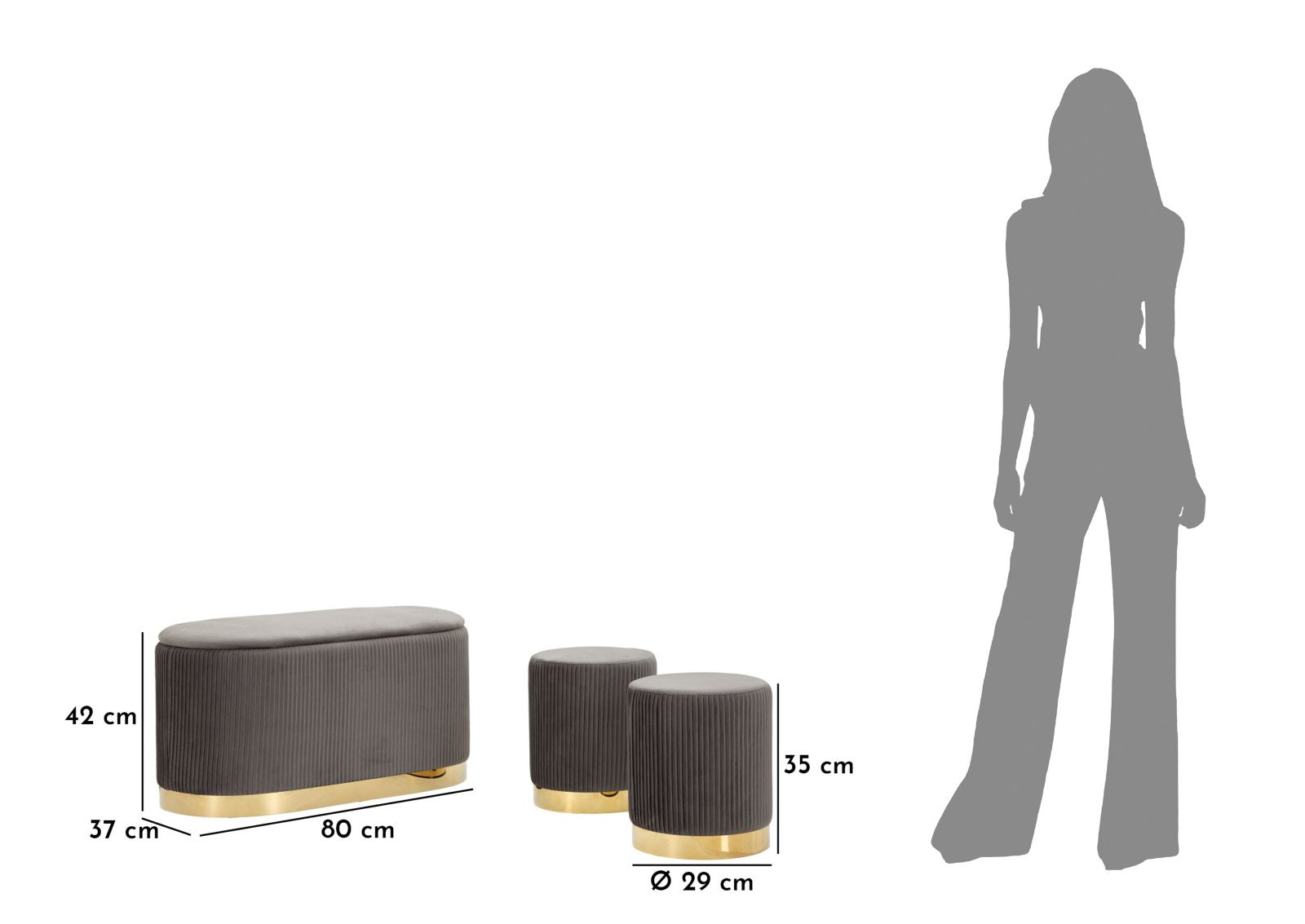 Bankje Storage & Stools Shopy Grey Set 3 Pcs 80×37×42 cm