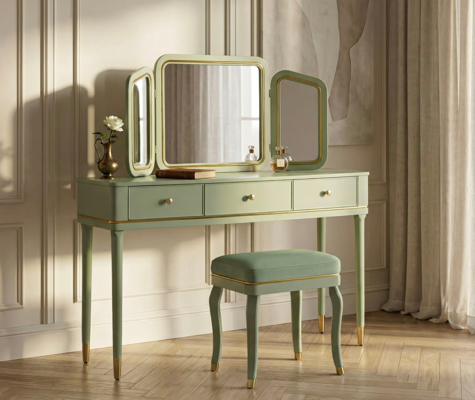 Kaptafel Camille Dressin Table With Mirror & Stool Green 120×37×79 cm