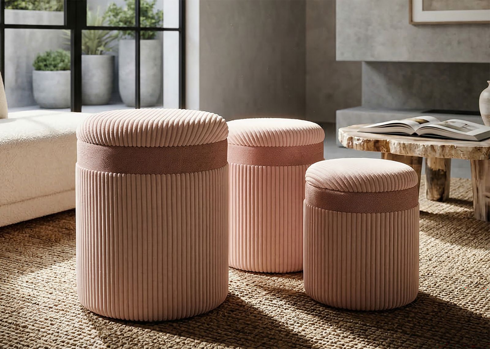 Opbergkruk Puff C/curtain Box Pink Set 3 Pcs Ø 40,5×49,5 cm