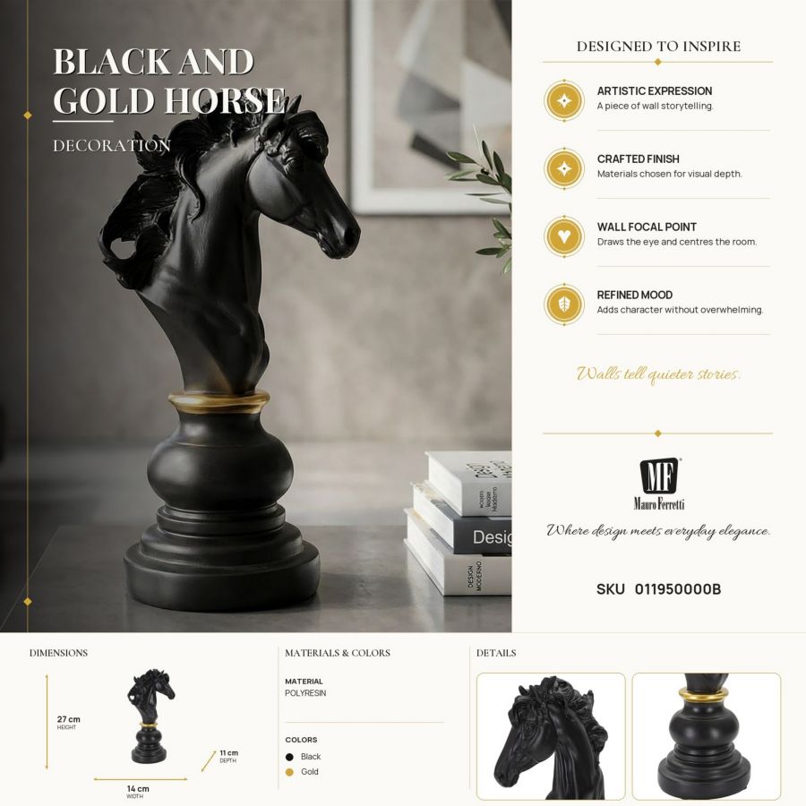 Decoratie Black & Gold Horse 14×11×27 cm