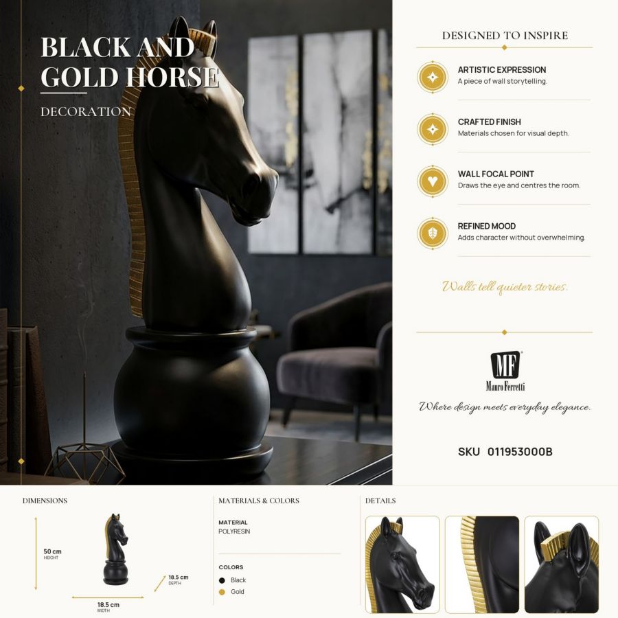 Decoratie Black & Gold Horse Ø 18,5×50 cm