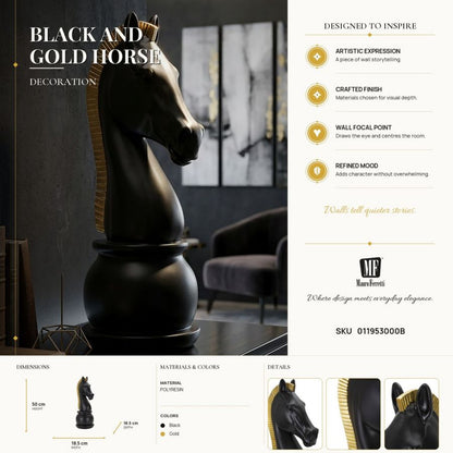 Decoratie Black & Gold Horse Ø 18,5×50 cm