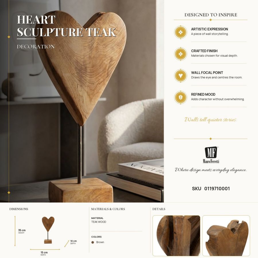Decoratie Heart Sculpture Teak 15×10×35 cm