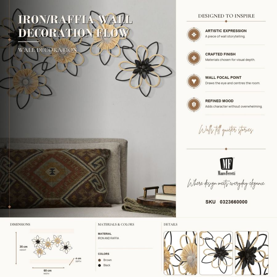 Wanddecoratie Iron/raffia Wall Panel Flow 60×4×35 cm