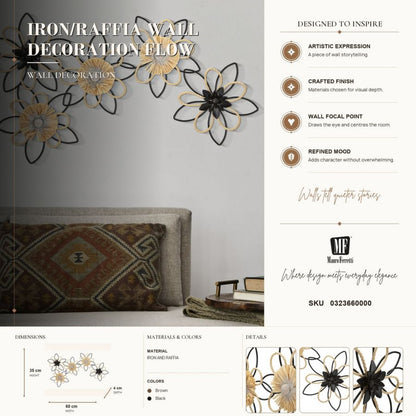 Wanddecoratie Iron/raffia Wall Panel Flow 60×4×35 cm