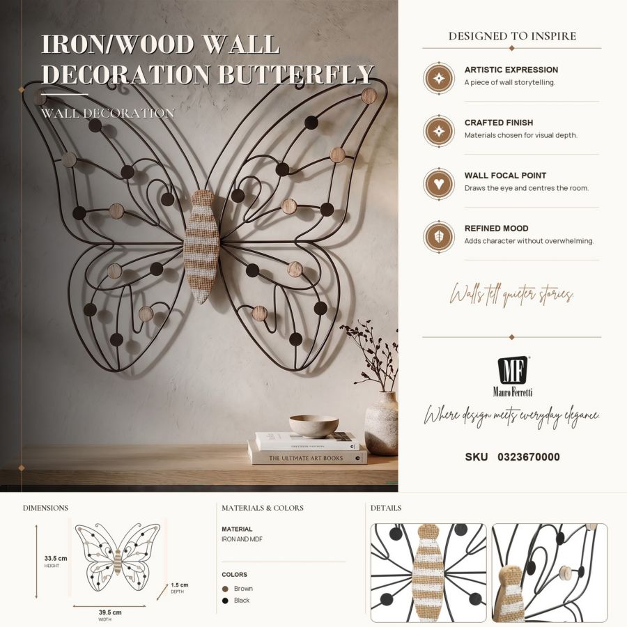 Wanddecoratie Iron/wood Wall Panel Butterfly 39,5×1,5×33,5 cm