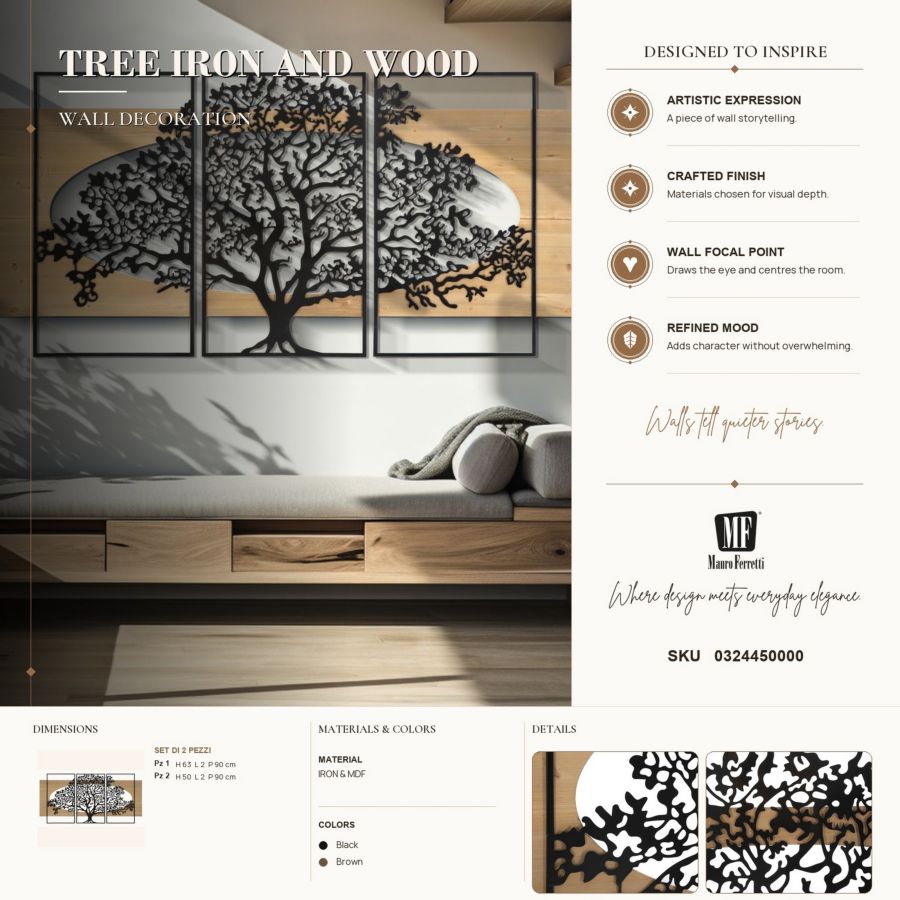 Wandpaneel Tree Iron & Wood Set 3 Pcs 176×2×90 cm