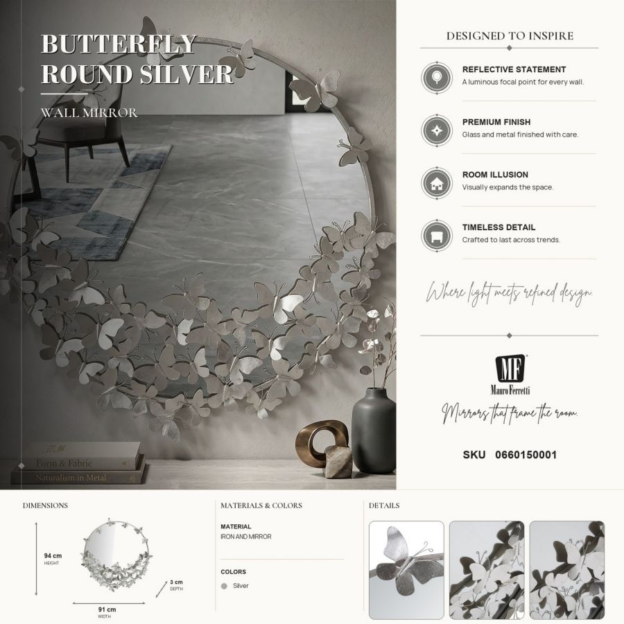 Spiegel Butterfly Round Silver Ø 91×3×94 cm