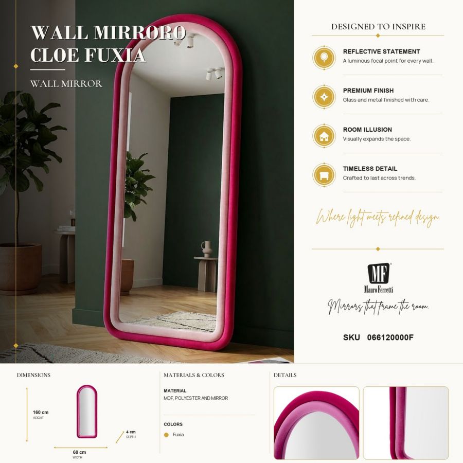 Spiegel Mirroro Cloe Fuxia Velvet 60×4×160 cm