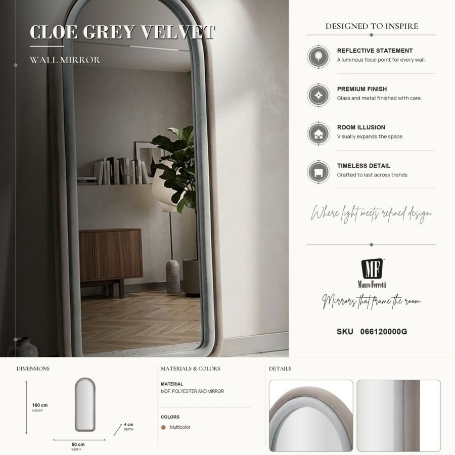 Spiegel Cloe Grey Velvet 60×4×160 cm