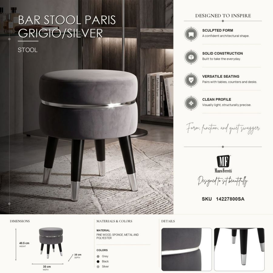Barkruk Paris Grigio/silver Ø 35×40,5 cm