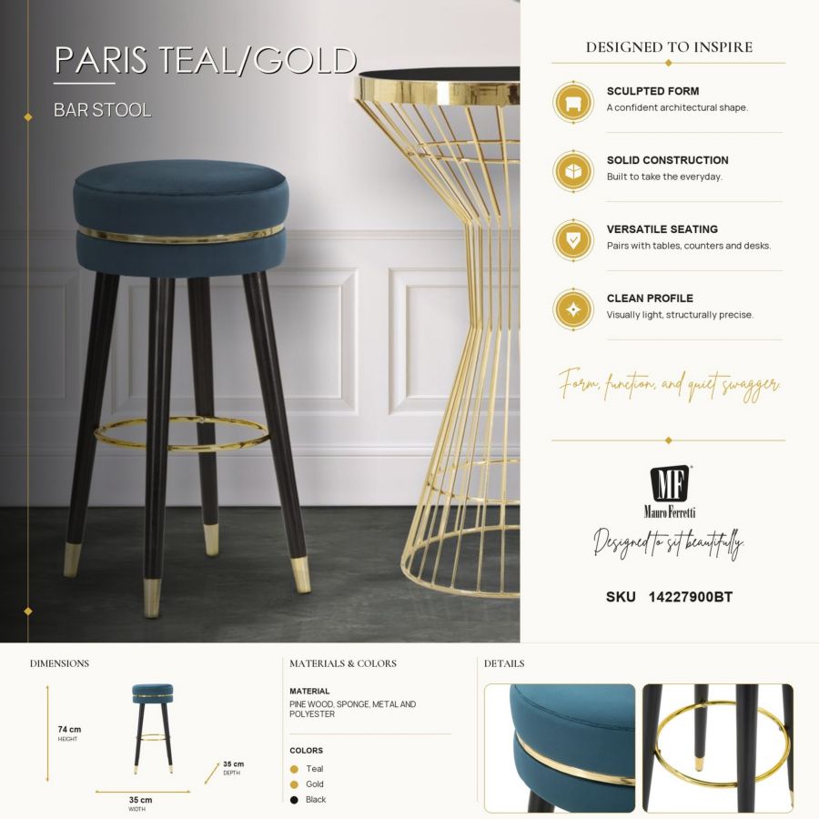 Barkruk Paris Teal/gold Ø 35×74 cm