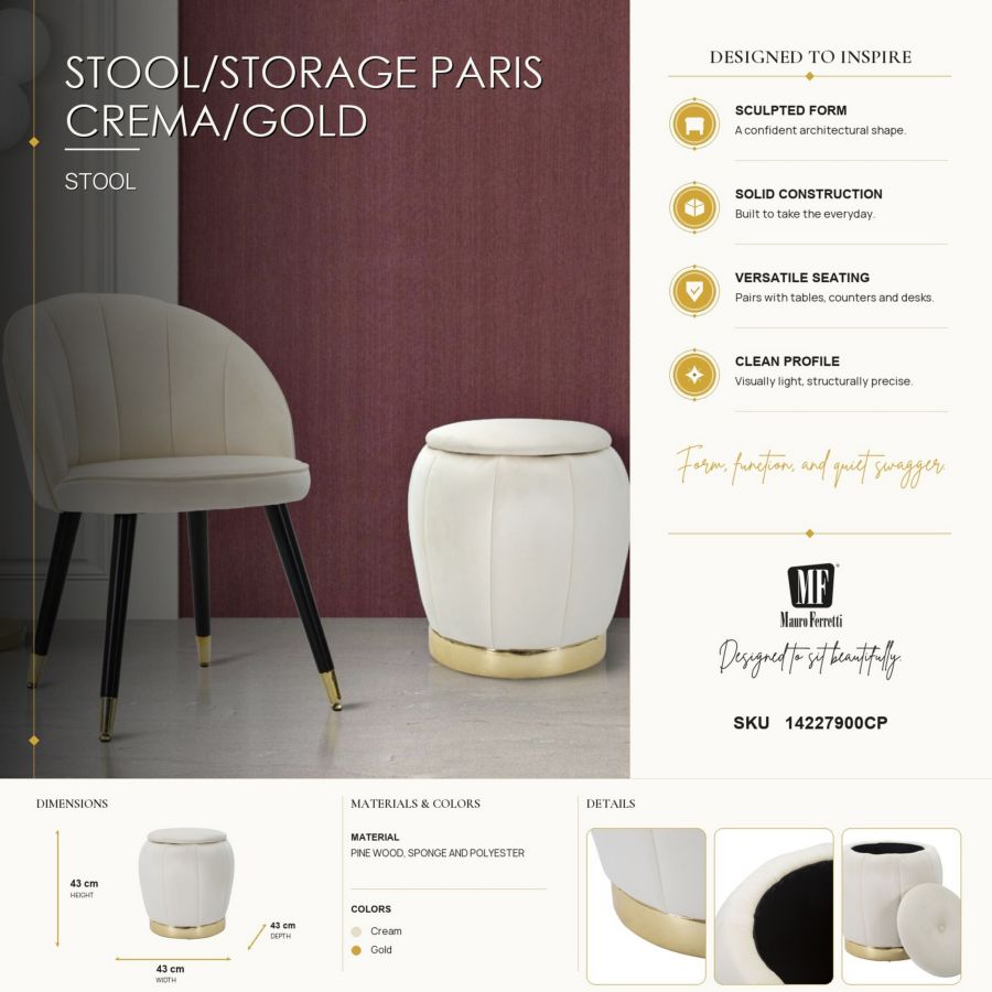 Kruk Stool/storage Paris Crema/gold Ø 43×43 cm