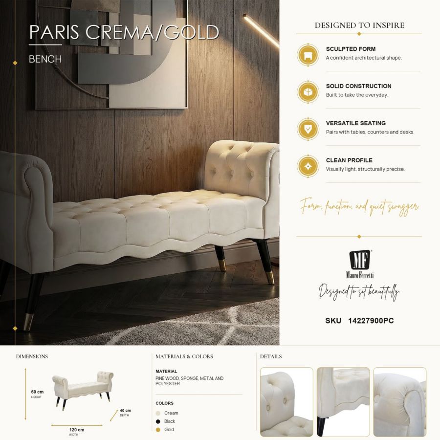 Bankje Paris Crema/gold 120×40×60 cm
