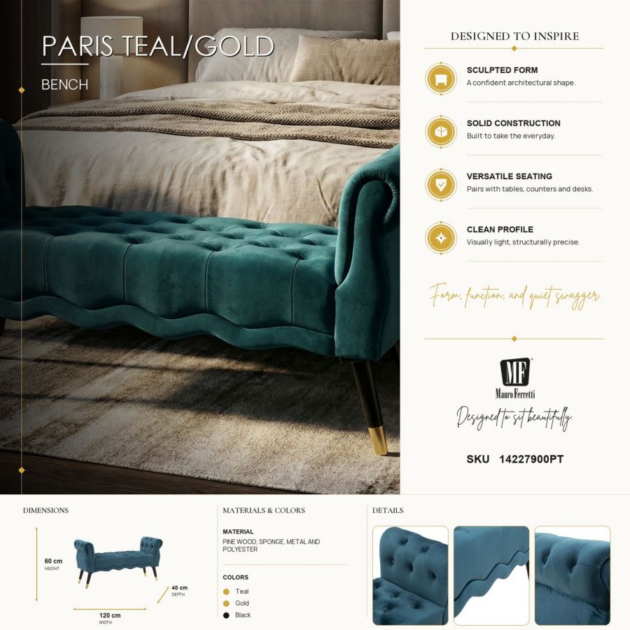 Bankje Paris Teal/gold 120×40×60 cm