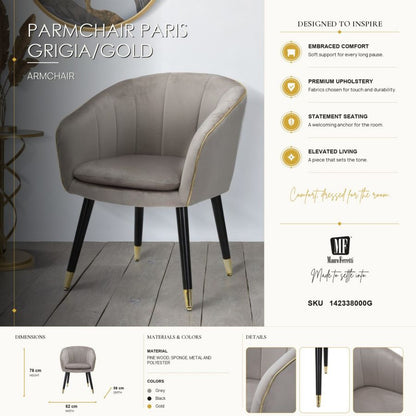 Fauteuil Parmchair Paris Grigia/gold 62×58×78 cm