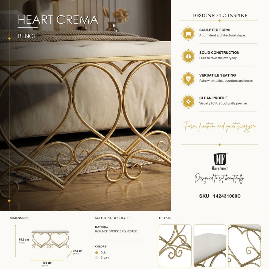 Bankje Heart Crema 105×37,5×51,5 cm