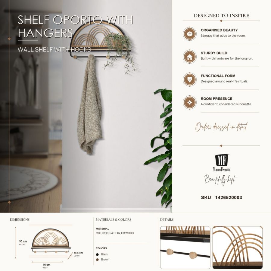 Wandplank met haken Oporto With Hangers 46×15,5×30 cm