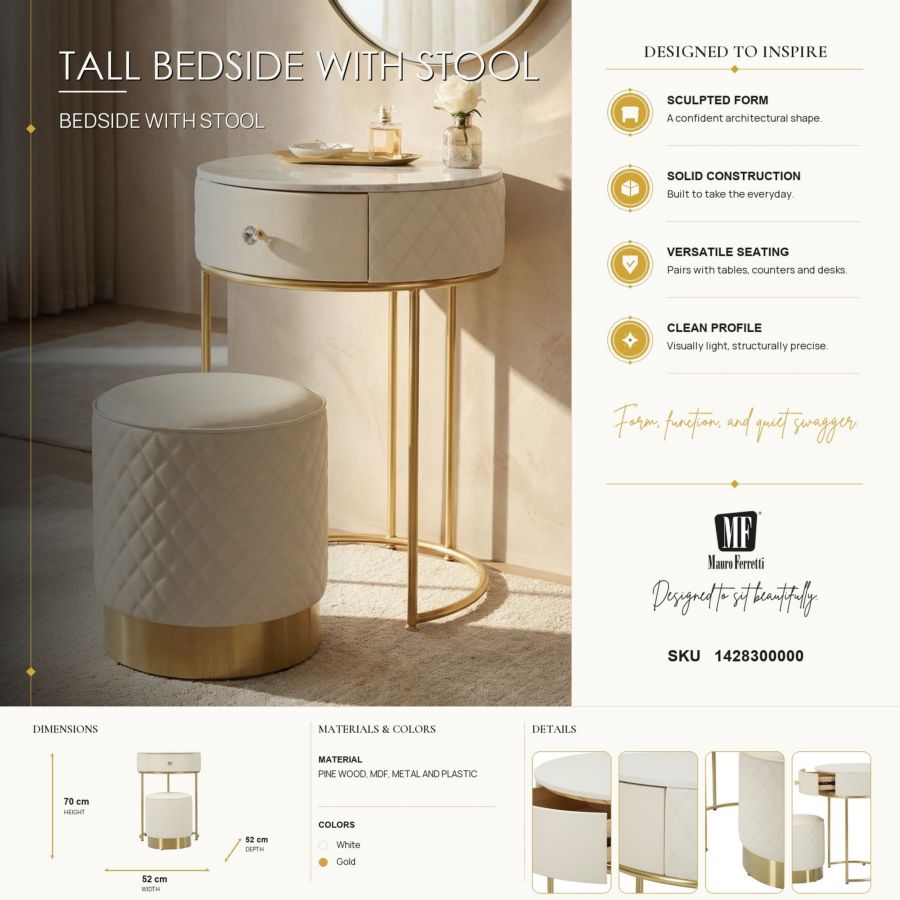 Nachtkastje met kruk Tall Bedside With Stool Sharon Ø 52×70 cm