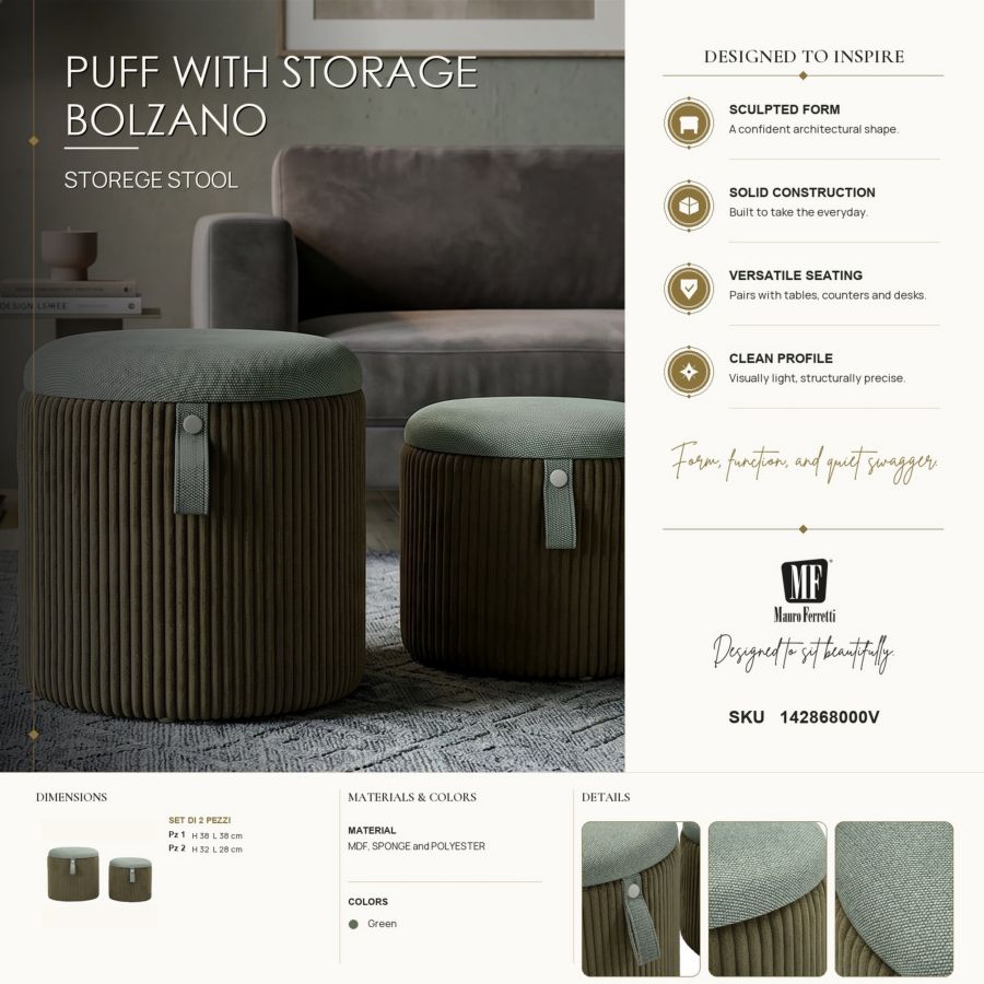 Opbergkruk Puff With Storage Bolzano Green Set 2 Pcs Ø 38×38 cm