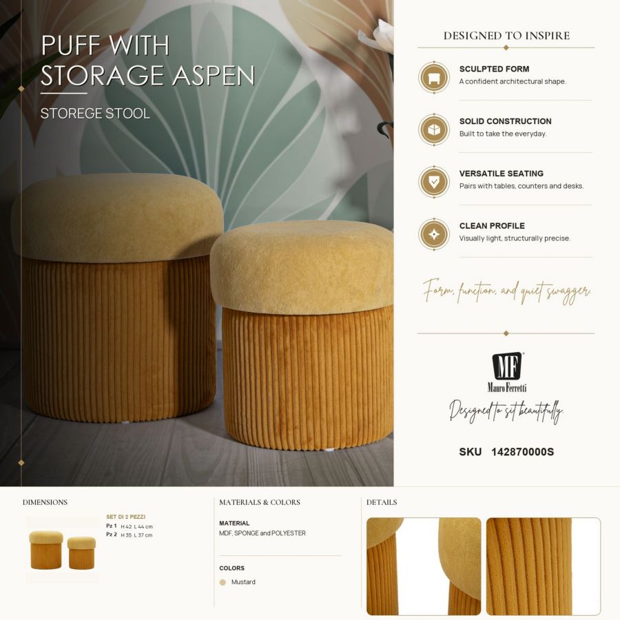 Opbergkruk Puff With Storage Aspen Mustard Set 2 Pcs Ø 42×44 cm