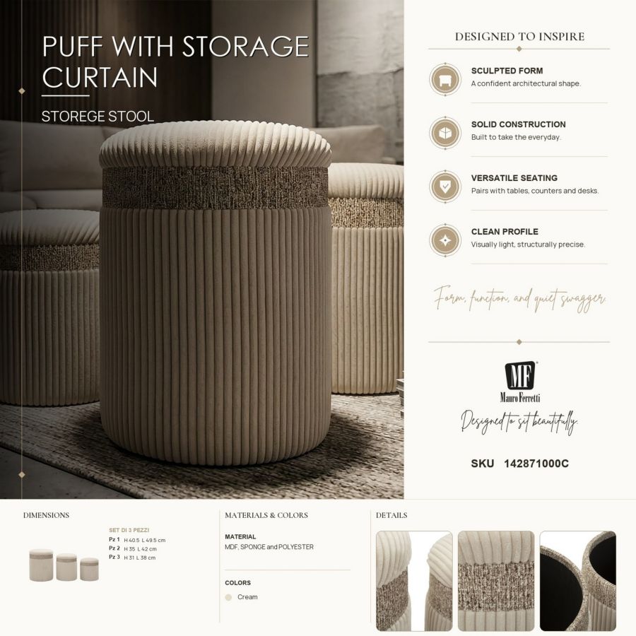Opbergkruk Puff With Storage Curtain Cream Set 3 Pcs Ø 40,5×49,5 cm