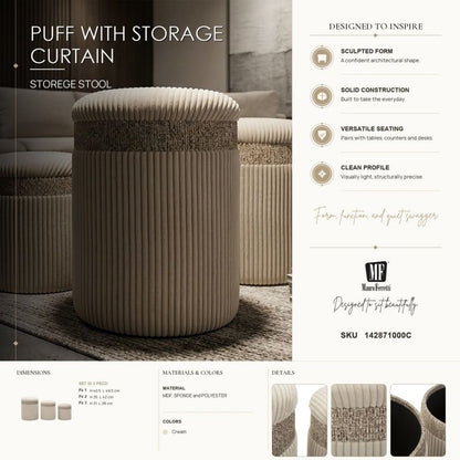 Opbergkruk Puff With Storage Curtain Cream Set 3 Pcs Ø 40,5×49,5 cm