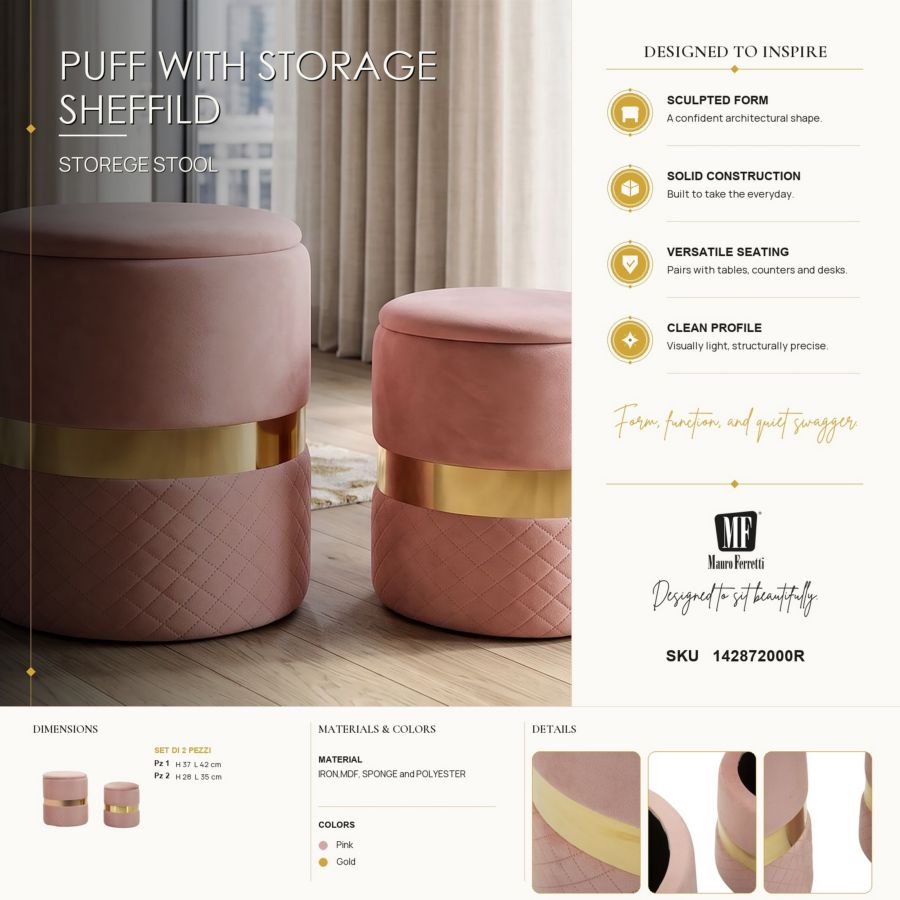 Opbergkruk Puff With Storage Sheffild Pink Set 2 Pcs Ø 37×42 cm