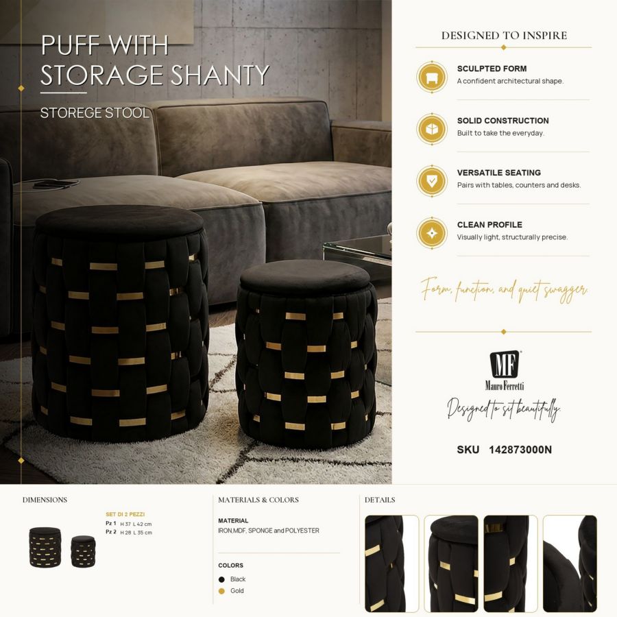 Opbergkruk Puff With Storage Shanty Black Set 2 Pcs Ø 37×42 cm