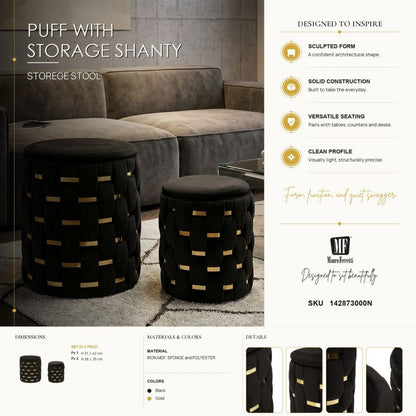 Opbergkruk Puff With Storage Shanty Black Set 2 Pcs Ø 37×42 cm