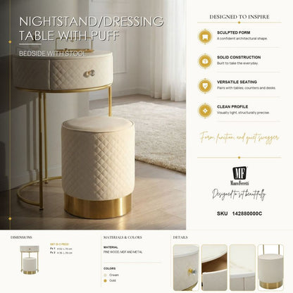 Nachtkastje met kruk Nightstand/dressing Table With Puff Vellit Cream Ø 52×70 cm