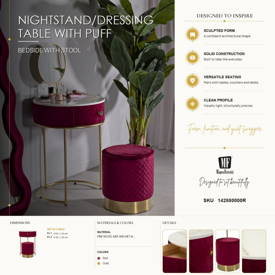 Nachtkastje met kruk Nightstand/dressing Table With Puff Red Vellit Ø 52×70 cm