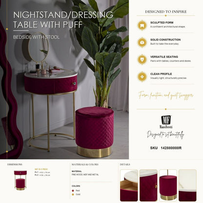 Nachtkastje met kruk Nightstand/dressing Table With Puff Red Vellit Ø 52×70 cm