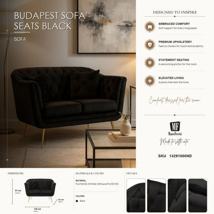 Bank Budapest Sofa' 2 Seats Black With Cushions 130×83×91 cm