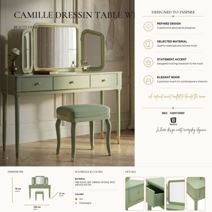 Kaptafel Camille Dressin Table With Mirror & Stool Green 120×37×79 cm