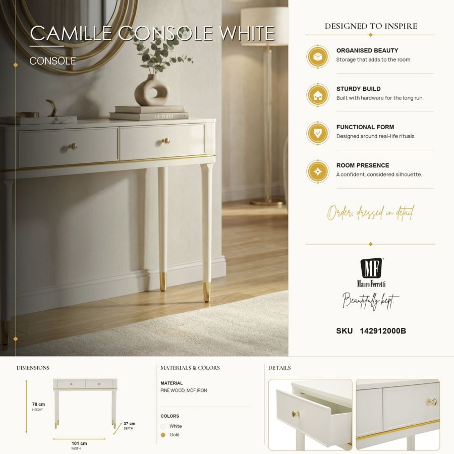 Consoletafel Camille Console White 101×37×78 cm