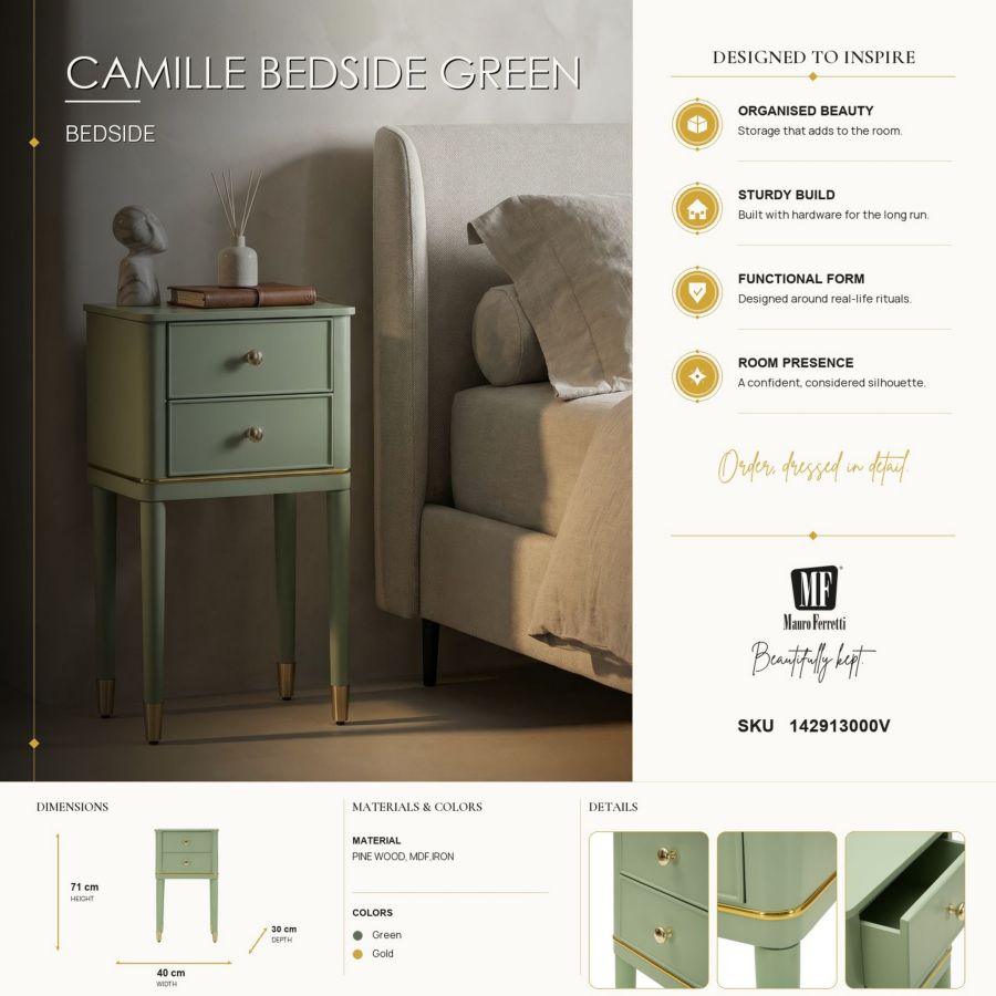 Nachtkastje Camille Bedside Green 40×30×71 cm