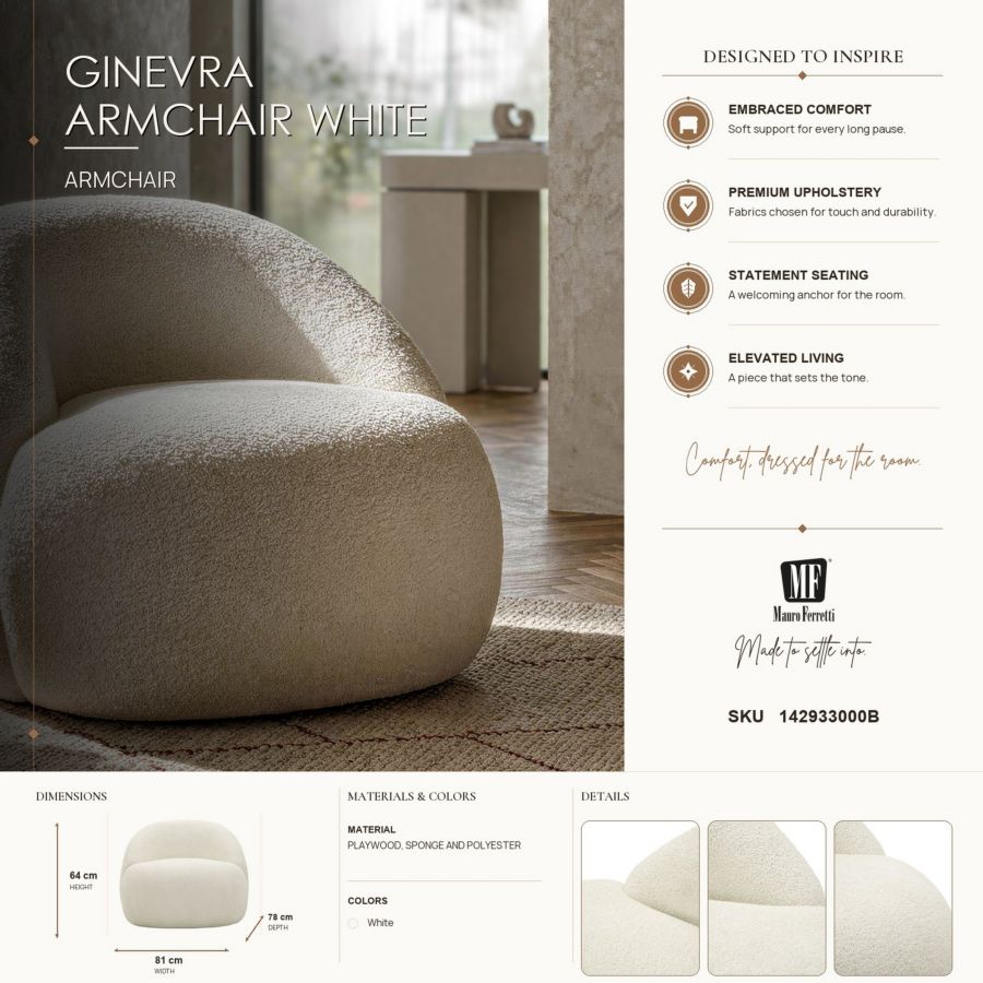 Fauteuil Ginevra Armchair White 81×78×64 cm