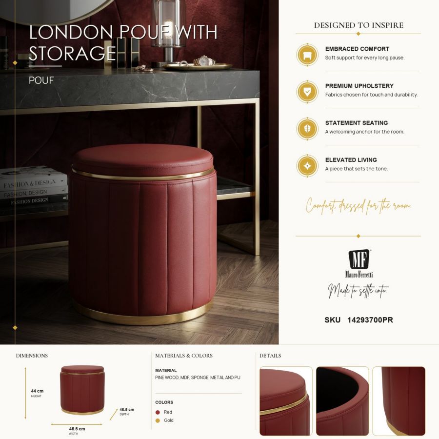 Poef London Pouf With Storage Red Ø 46,5×44 cm