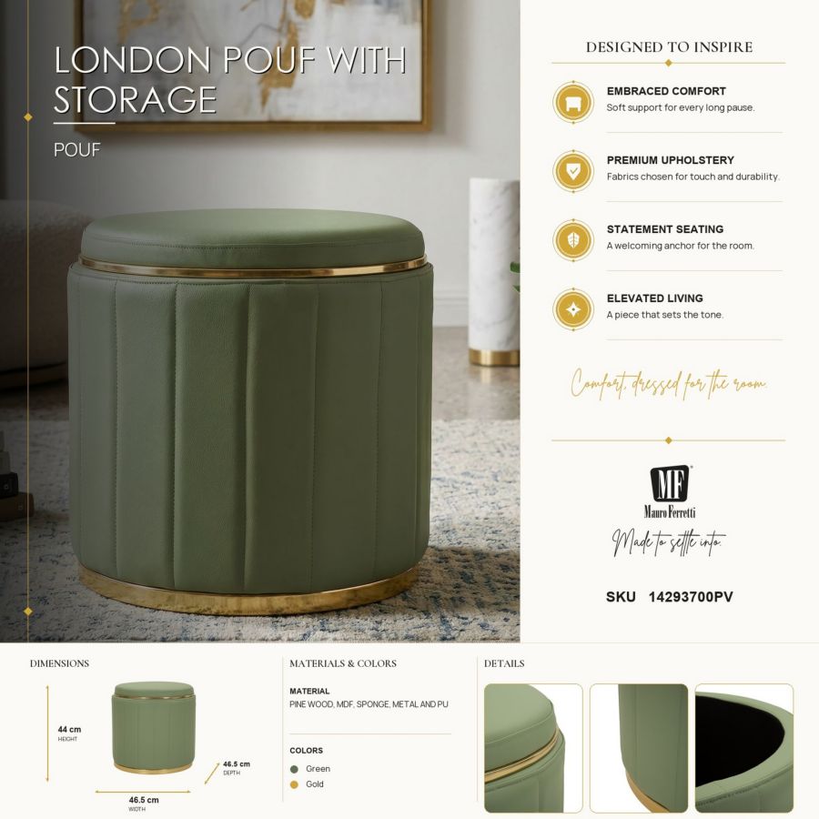 Poef London Pouf With Storage Green Ø 46,5×44 cm