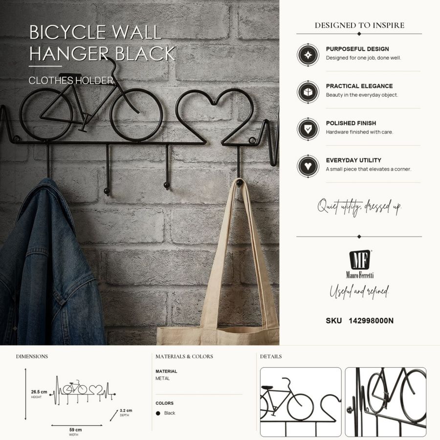 Kapstok Bicycle Wall Hanger Black Nero 59×3,2×26,5 cm