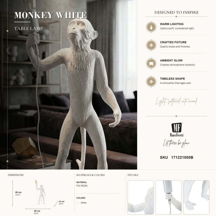 Tafellamp Monkey White Ø 26×34×55 cm