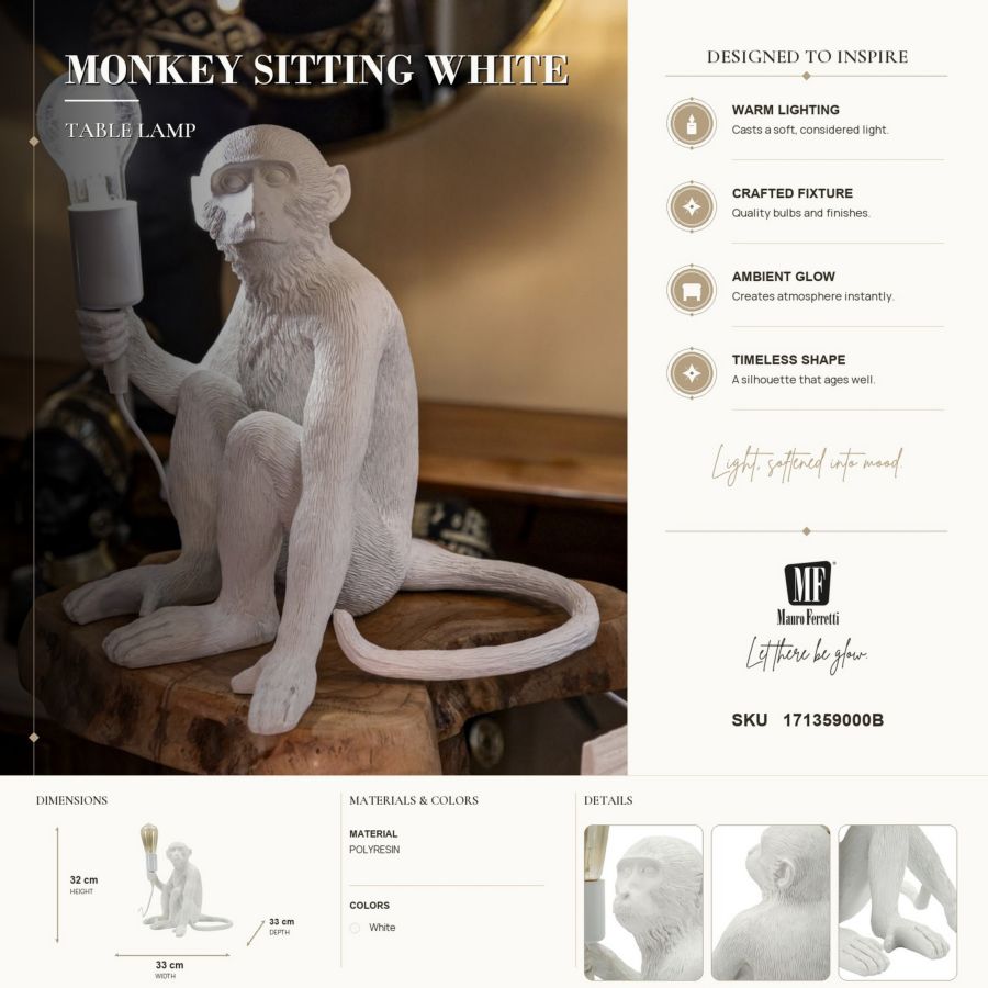 Tafellamp Monkey Sitting White 33×33×32 cm
