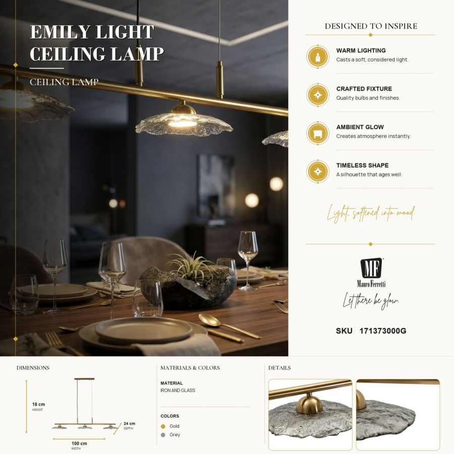 Plafondlamp Emily 3 Light Ceiling Lamp Grey Glass 100×24×18 cm