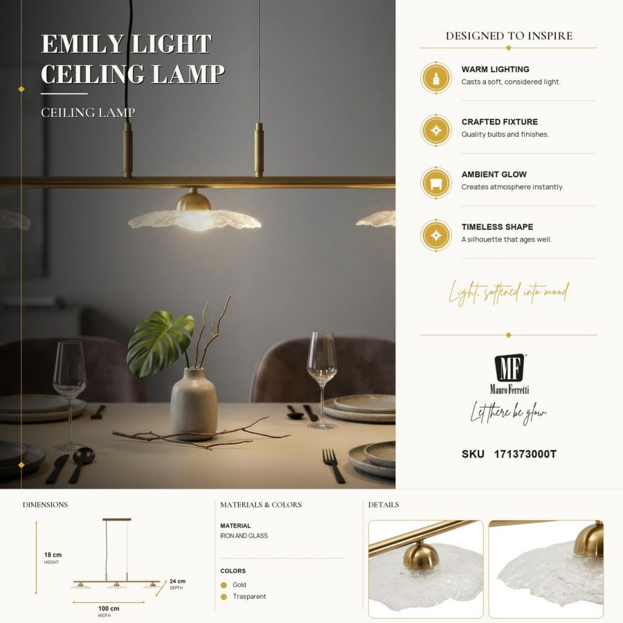 Plafondlamp Emily 3 Light Ceiling Lamp Trasparent Glass 100×24×18 cm