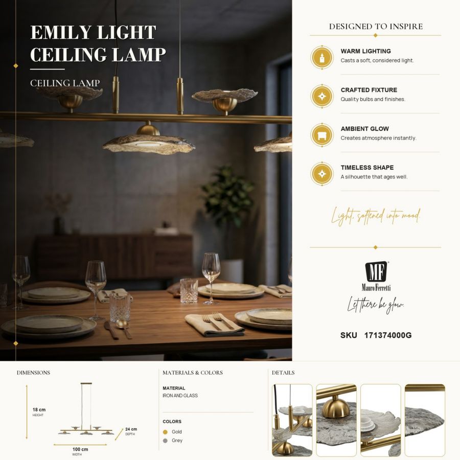 Plafondlamp Emily 5 Light Ceiling Lamp Grey Glass 100×24×18 cm