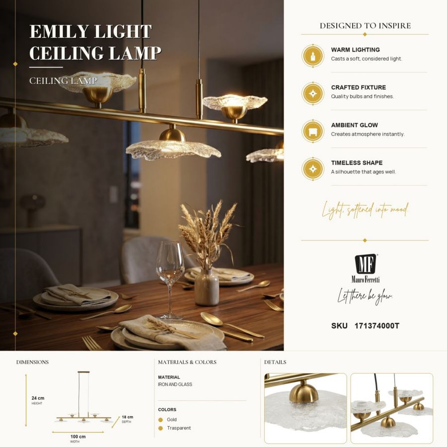 Plafondlamp Emily 5 Light Ceiling Lamp Trasparent Glass 100×24×18 cm