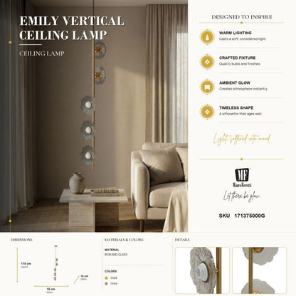 Plafondlamp Emily Vertical Ceiling Lamp Grey Glass 15×16×110 cm